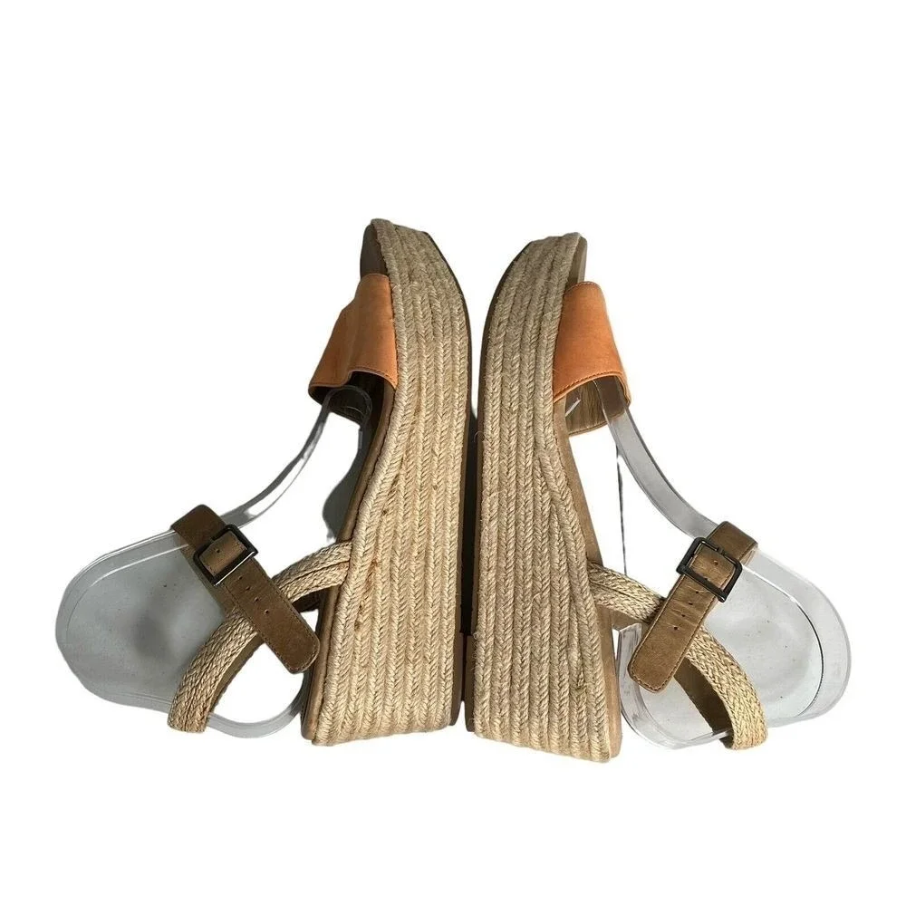 Eileen Fisher‎ Espadrille Wedge Sandals Ankle Strap Orange Leather Size 11